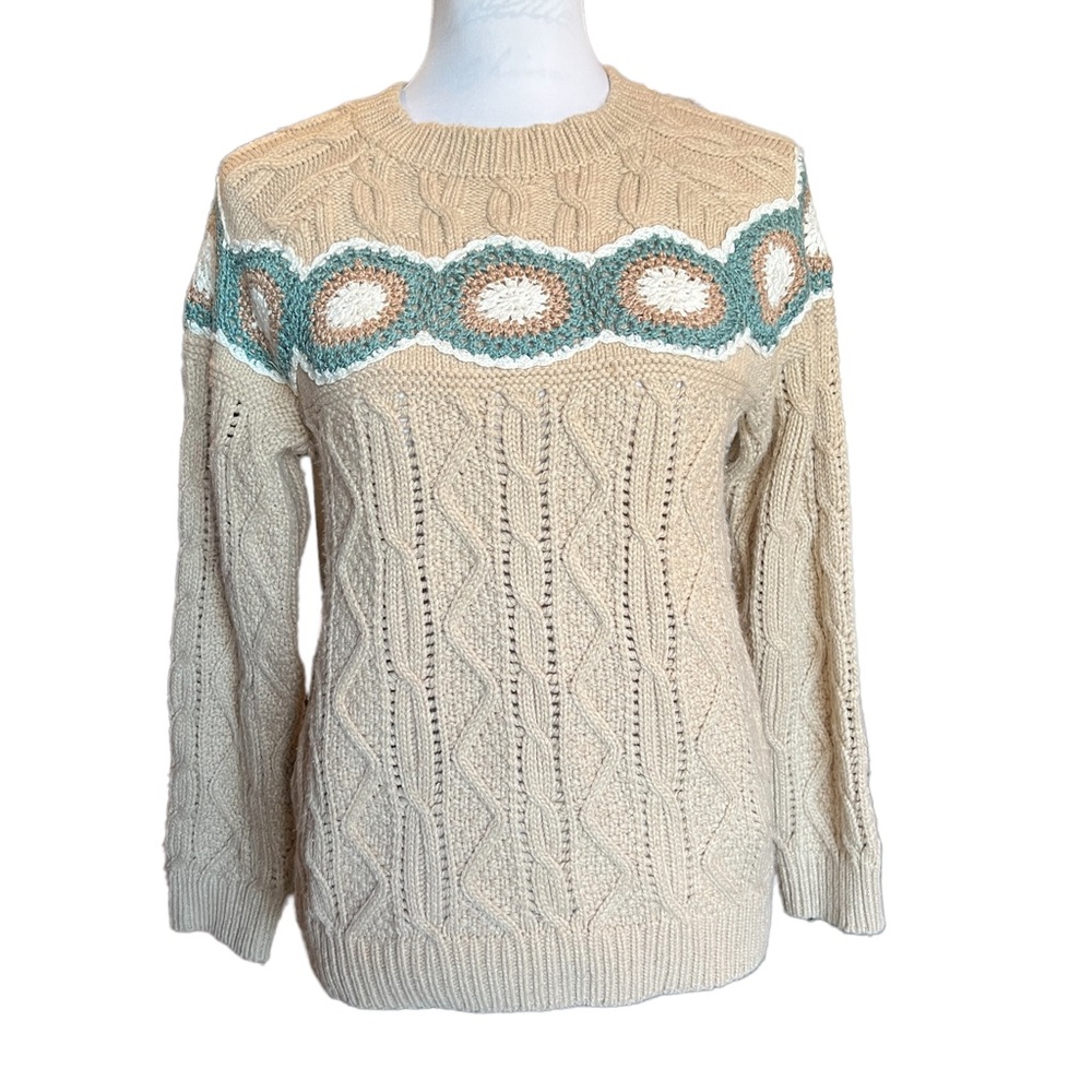 Listicle Mohair Blend Cable Knit Sweater Pullover Crochet Doilies Overlay Detail